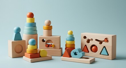 Arrangement of wooden stacking toys and shape sorter sits on a light blue surface, showcasing natural materials and minimalist aesthetic for children's learning and play.