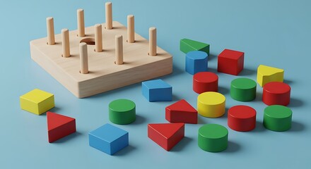 Obraz premium Colorful wooden shapes scattered around a geometric puzzle toy on a blue surface, promoting learning and development in a playful and educational setting.