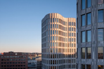 Modern architecture features a variety of distinctive building designs that beautifully reflect the vibrant colors of sunset against an urban skyline