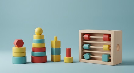 Colorful wooden toys arranged neatly on a pastel blue surface, creating a playful and educational scene for children's learning and development.
