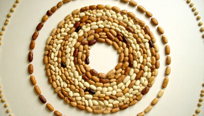 Fototapeta premium Spiral Arrangement of Mixed Organic Beans on White. Vegan Lifestyle. Generated Image