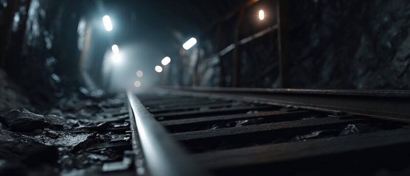 Moody and atmospheric view of dark mine shaft with illuminated railway tracks, evoking mystery and industrial heritage Concept of exploration, danger, and the unknown