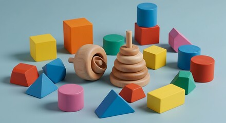 Obraz premium Colorful wooden geometric shapes scattered on a light blue surface create a playful and educational arrangement, perfect for children's learning and development.