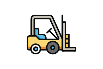 Naklejka premium Simple cartoon illustration of a yellow forklift truck with a blue seat and black tires on a white background