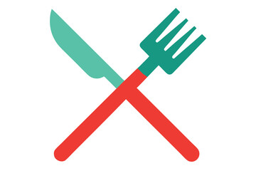 Crossed Knife and Fork Utensils in Red and Teal Colors on White Background cutlery eating