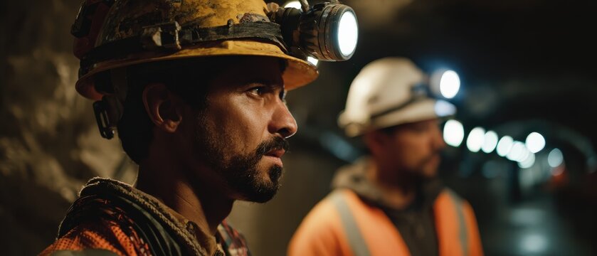 Focused Hispanic man working as a miner in a dark underground tunnel with headlamp Concept of industrial labor, mining industry, and safety in hazardous environments - Powered by Adobe