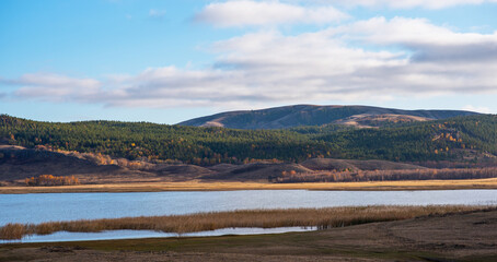 Autumn beauty of the vast plains in Haibei Tibetan Autonomous Prefecture, China. Breathtaking, amazing, endless landscapes under the blue sky.