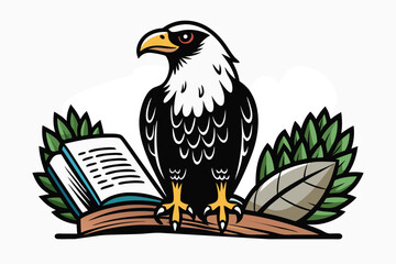 Eagle Perched on a Book Surrounded by Leaves Symbolizing Wisdom and Knowledge bird education