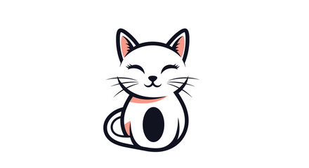 A very cute and happy cartoon white cat with a black belly sitting and smiling with closed eyes.