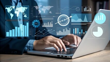 Person typing on laptop with data visualizations overlayed on screen in a business setting - Powered by Adobe