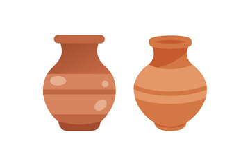 Two traditional terracotta clay amphorae or vases with decorative bands and patterns on a white background