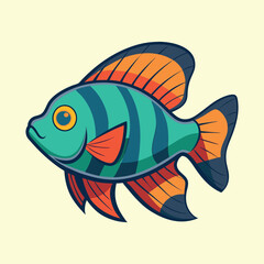 Cartoonish Fish with Blue Stripes and Orange Fins on Light Yellow Background