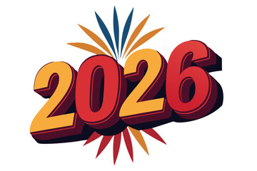 Bold 3D Numbers 2026 with Festive Starbursts on White Background new year
