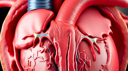 Macro view of human heart's valve anatomy, showcasing tricuspid, pulmonary, mitral, and aortic valves, with precise details of flaps, cusps, and blood flow pathways.
