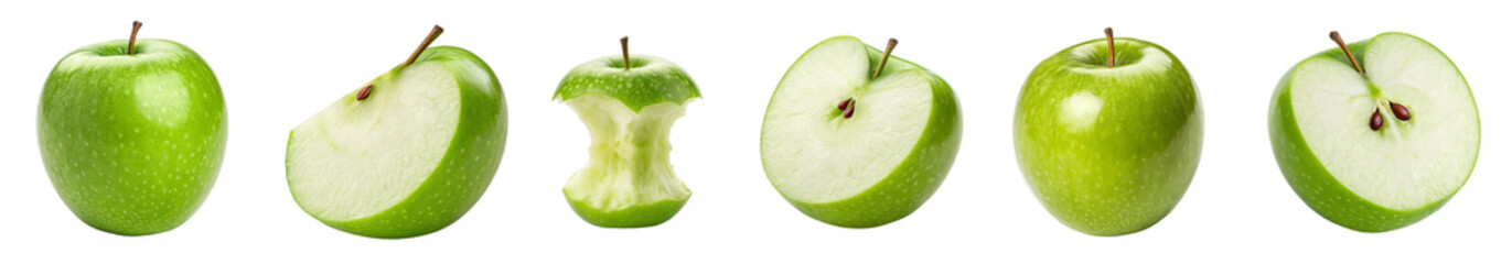 Green Apple PNG Fruit Pack .Whole, Sliced, Half, Core and Bitten Apple Isolated on Transparent Background