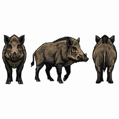 Wild Boar Set Front Side Back View Illustration Wildlife Animal Vector