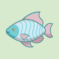 Cartoon illustration of a cute blue fish with pink stripes and fins