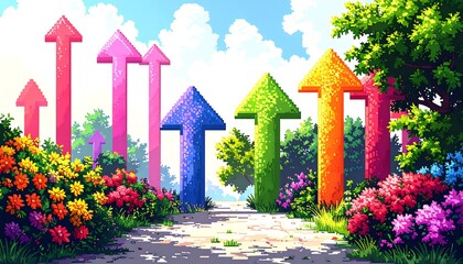 Pixelated path with colorful upward arrows