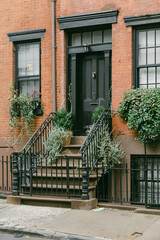 Stairs adorned with plants outside a brownstone building in an urban setting