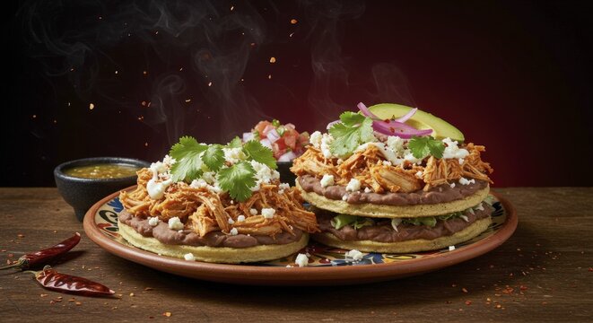 Steaming Chicken Tinga Tostadas with Refried Beans and Cilantro