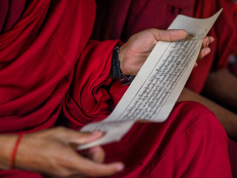 Close-up of monk in red robes reading sacred text or prayer on traditional paper during ritual or study