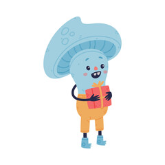 Funny Mushroom Character with Happy Face and Cap Hold Gift Box Vector Illustration