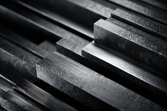 Close-up of stacked dark metal bars