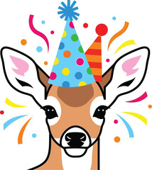 Fototapeta premium A cute cartoon deer celebrating a birthday with colorful party hats and confetti.