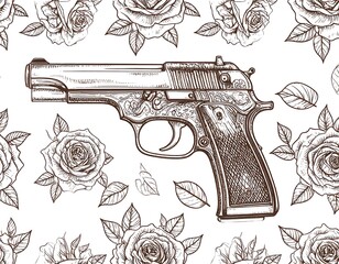 Hand drawn gun surrounded by roses