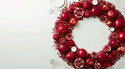 Red fruits including pomegranates and apples arranged in festive circular wreath shape with candles on white table