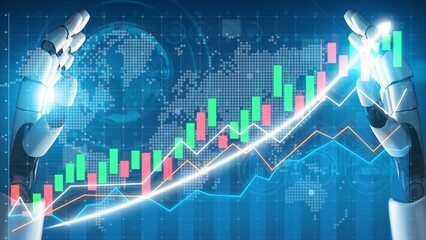 A futuristic digital scene depicting robot hands interacting with financial charts to symbolize advancements in technology and business growth. Copula