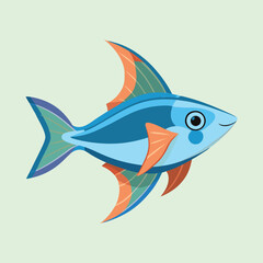 Stylized illustration of a blue fish with orange fins and soft background