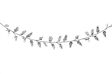 Delicate black line art garland of stylized leaves and flowers