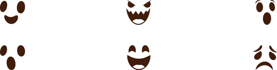 A collection of six brown cartoon ghost faces showing various emotions like happiness, anger, and sadness.