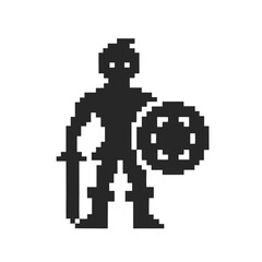 Pixelated character, silhouette of medieval warrior with sword and shield, shows retro gaming style