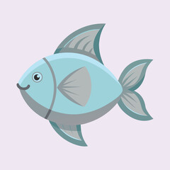 Cartoon illustration of a light blue fish with a cute smile and fins