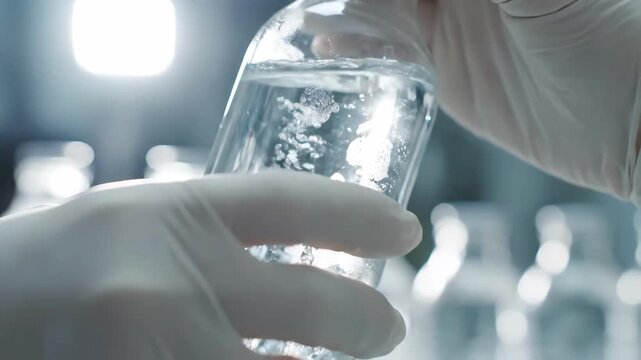 Close-up of scientist's gloved hands holding a clear glass bottle filled with a transparent liquid, with laboratory equipment in the background