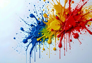 Vibrant splashes of blue yellow and red paint explode across a white background creating a dynamic burst of color energy and artistic chaos that captures bold creativity and modern expression