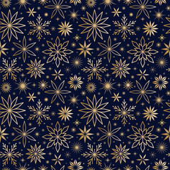 Elegant seamless pattern of golden snowflakes and stars on dark background. Luxury festive texture for Christmas, New Year, winter holiday design, gift wrap, wallpaper, textile, decorative projects