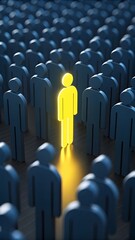 Fototapeta premium Unique Glowing Yellow Figure Standing Out Among Dark Crowd Symbolizing Leadership And Identity