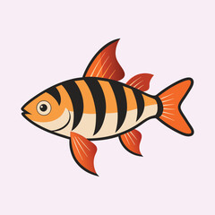 Cartoon Tiger Barb Fish with Orange Fins on a Light Purple Background