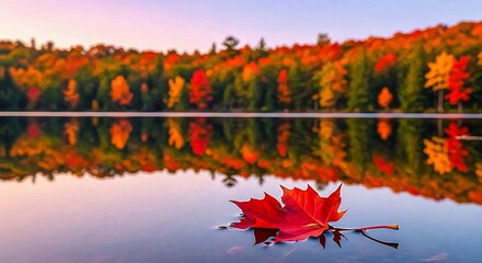 Vibrant Autumn Forest Reflected in a Still Lake with a Single Maple Leaf
