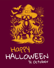 Festive halloween illustration with ghost, pumpkin, and happy halloween text