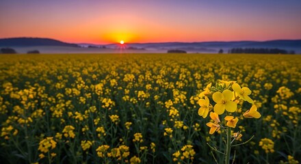 Golden Field of Flowers Bathed in the Warm Glow of the Sunrise Sky