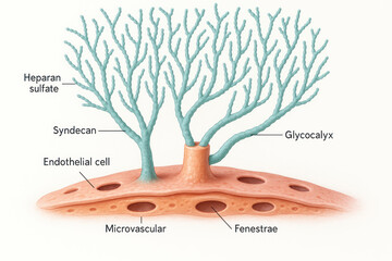 Illustration of the glycocalyx lining a microvascular endothelial cell, showing syndecan and heparan sulfate molecules.