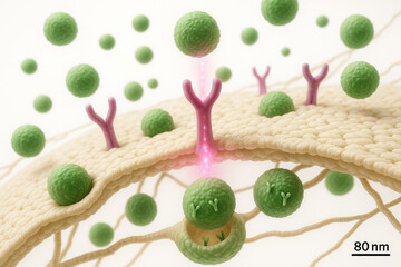 3D illustration of cells interacting with nanoparticles, showing cellular receptors and signaling pathways.