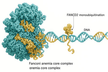 Molecular illustration of the Fanconi anemia core complex interacting with DNA and FANCD2 monoubiquitination.