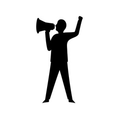 Fototapeta premium Silhouette of a person speaking into a megaphone and raising their fist