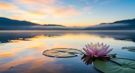 Tranquil Sunrise Over Mountain Lake with Pink Lotus Flower and Gentle Mist