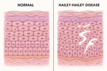 Microscopic illustration comparing healthy skin cells to skin cells affected by Hailey-Hailey disease.
